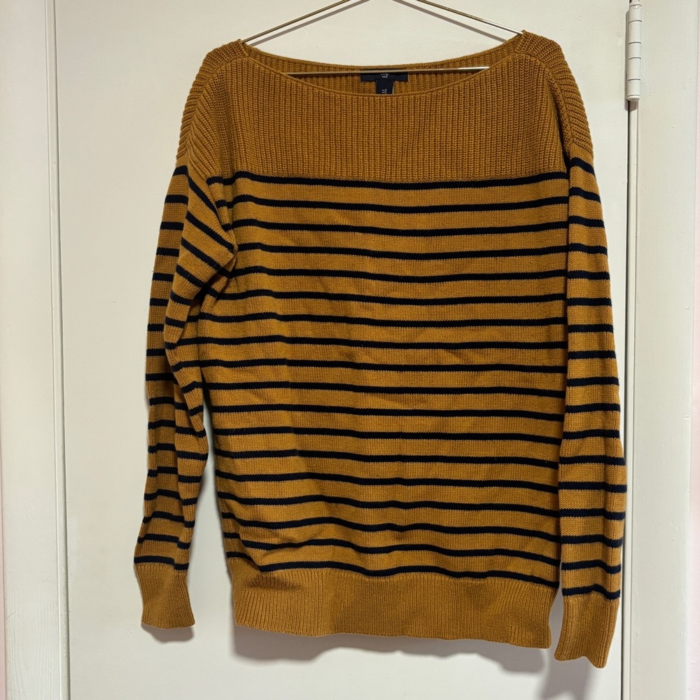 Striped Mustard/orange and Navy Sweater size small cozy core scoop neck